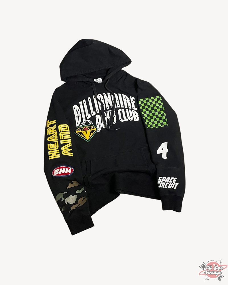 Front view of the Billionaire Boys Club Factory Racing Team Hoodie, showcasing the bold BBC logo, racing-inspired patches, and vibrant design