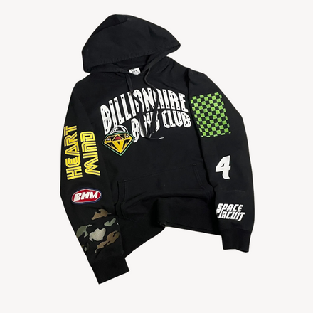 Front view of the Billionaire Boys Club Factory Racing Team Hoodie, showcasing the bold BBC logo, racing-inspired patches, and vibrant design