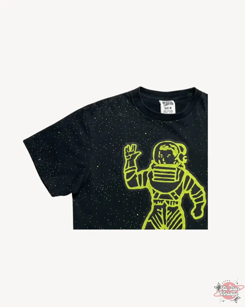 Close-up of the neck detail of the Billionaire Boys Club Glow-in-the-Dark Astronaut T-Shirt, showing size tag and stitching