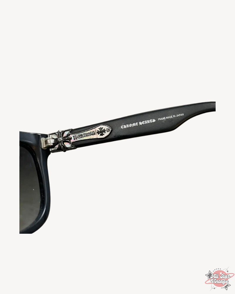 Close-up of the Chrome Hearts Obarydose Sunglasses logo engraving on the temples.