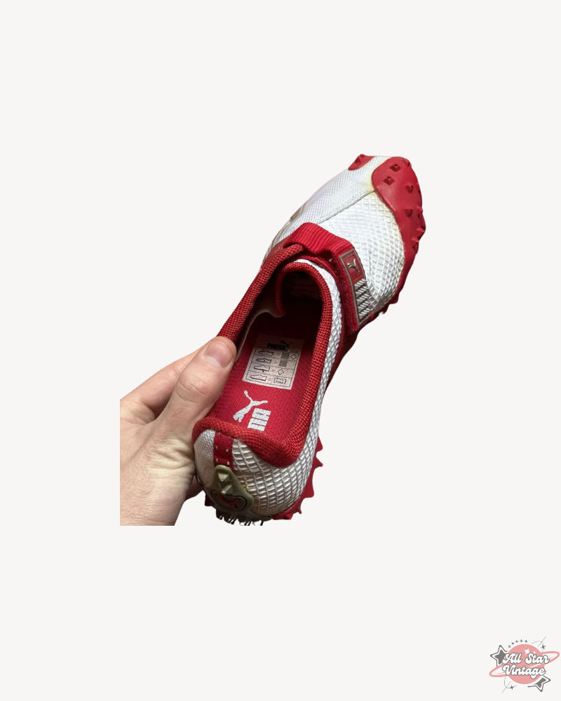 Vintage 90s Puma Y2K Mostro Japanese Low Sneakers in red and white, showing the interior size label and design details. Perfect for collectors and sneaker enthusiasts.