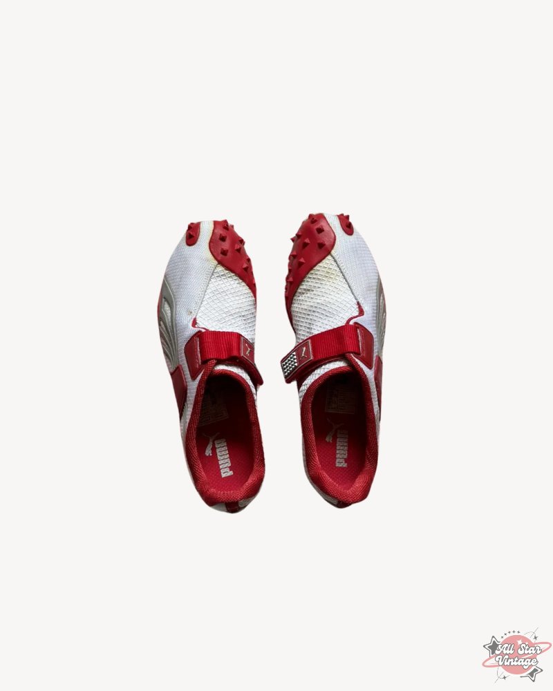 Vintage 90s Puma Y2K Mostro Japanese Low Sneakers in red and white, shown in top view. Retro footwear blending bold design with Japanese-inspired craftsmanship