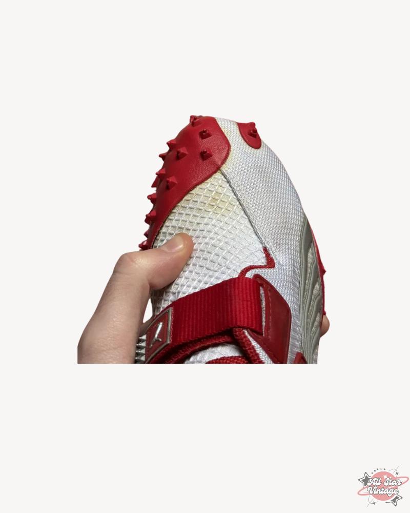 Vintage 90s Puma Y2K Mostro Japanese Low Sneakers in red and white, close-up view showing textured material and unique strap details.