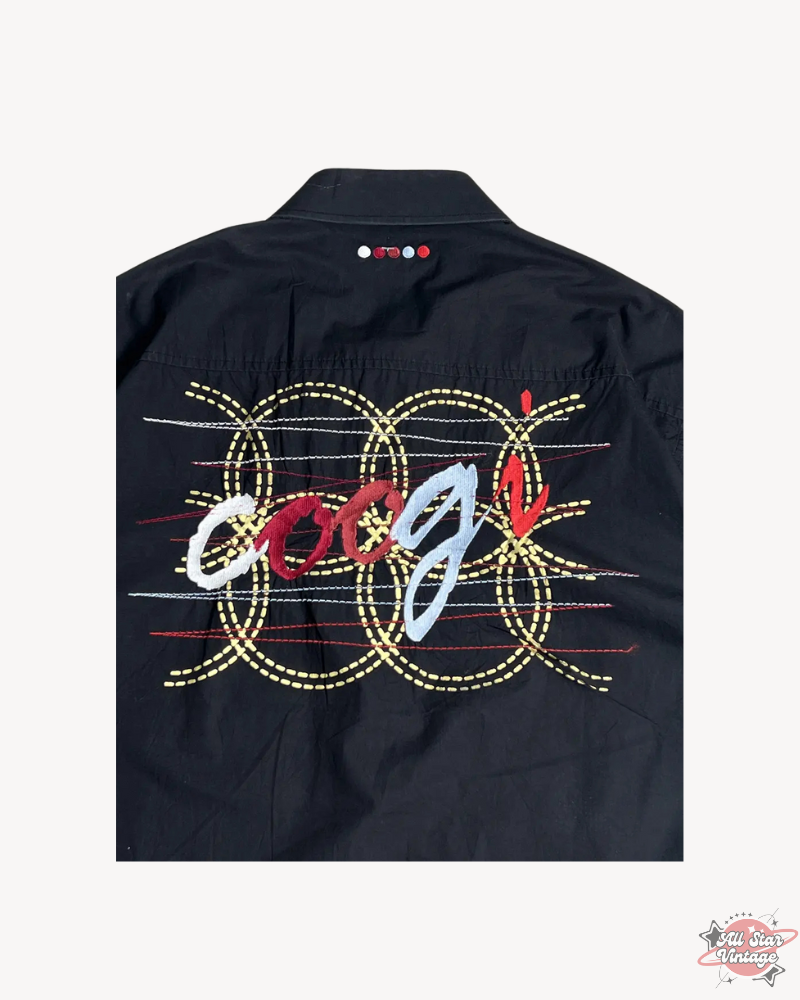 Vintage Coogi Y2K Embroidery Shirt black with colorful ‘Coogi’ logo embroidery, featuring a retro design with vibrant threadwork for a bold, stylish look.