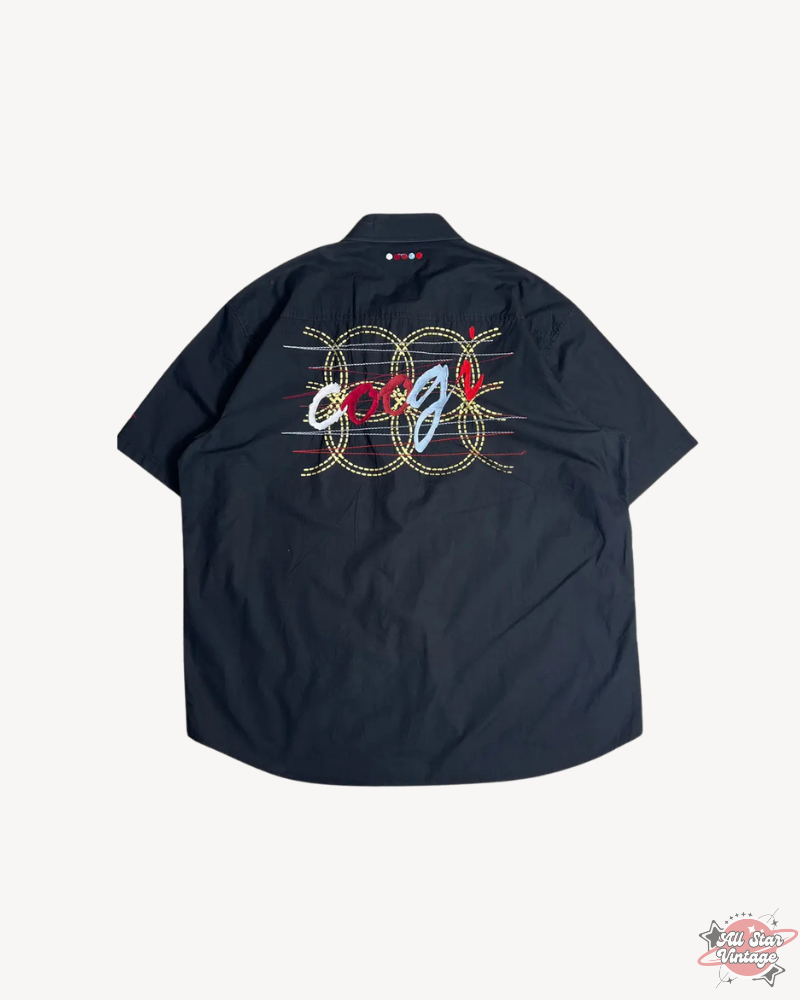 Vintage Coogi Y2K Embroidery Shirt in black featuring intricate embroidery with Coogi logo in colorful threadwork, perfect for retro fashion lovers.