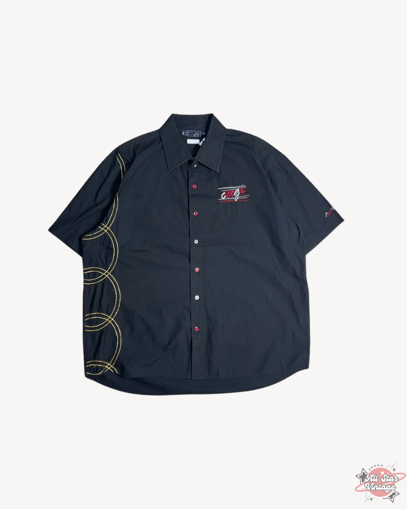 Vintage Coogi Y2K Embroidery Shirt in black with intricate retro stitching, showcasing bold design and oversized fit, perfect for vintage fashion lovers.