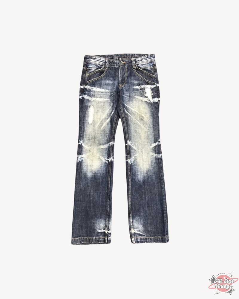 Vintage Flare NCFM Japan Distressed Faded Jeans featuring a unique, worn-in distressed design with explosive style elements, perfect for streetwear enthusiasts.