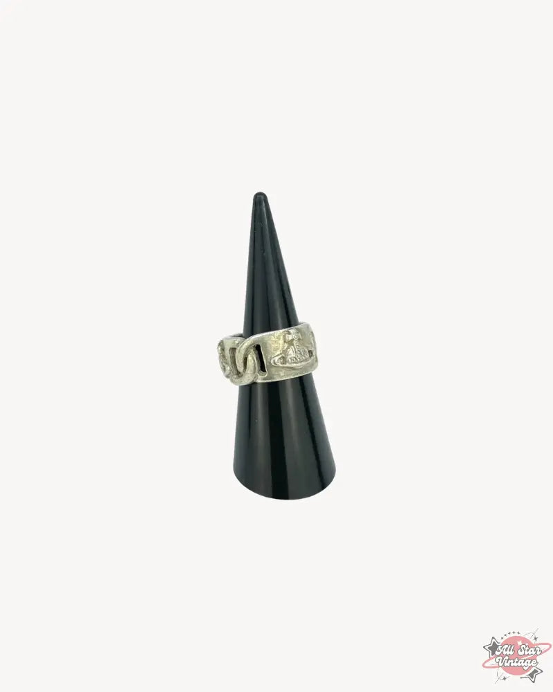 Vivienne Westwood Chain-Link Orb Ring displayed on a sleek black jewellery cone