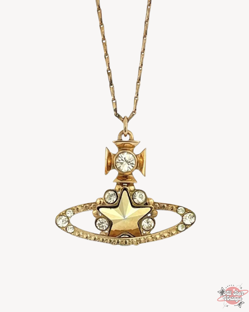 Vivienne Westwood Crystal Star Orb Necklace in gold, featuring dazzling crystals and iconic design, perfect for luxury fashion enthusiasts.