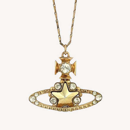 Vivienne Westwood Crystal Star Orb Necklace in gold, featuring dazzling crystals and iconic design, perfect for luxury fashion enthusiasts.