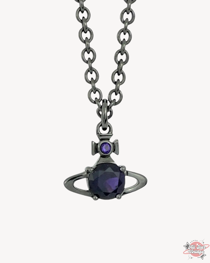 Vivienne Westwood Purple Orb Necklace featuring a signature purple crystal pendant with metallic chain, perfect for bold and elegant styles in Australia.