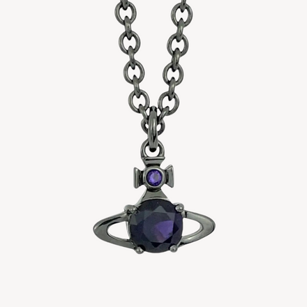 Vivienne Westwood Purple Orb Necklace featuring a signature purple crystal pendant with metallic chain, perfect for bold and elegant styles in Australia.